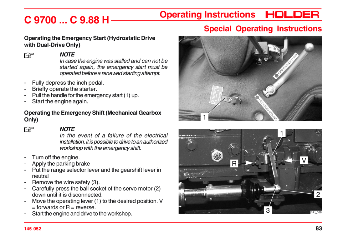 Holder C 9700 H Operating the Emergency Start Hydrostatic Drive with Dual-Drive Only, workshop with the emergency shift 