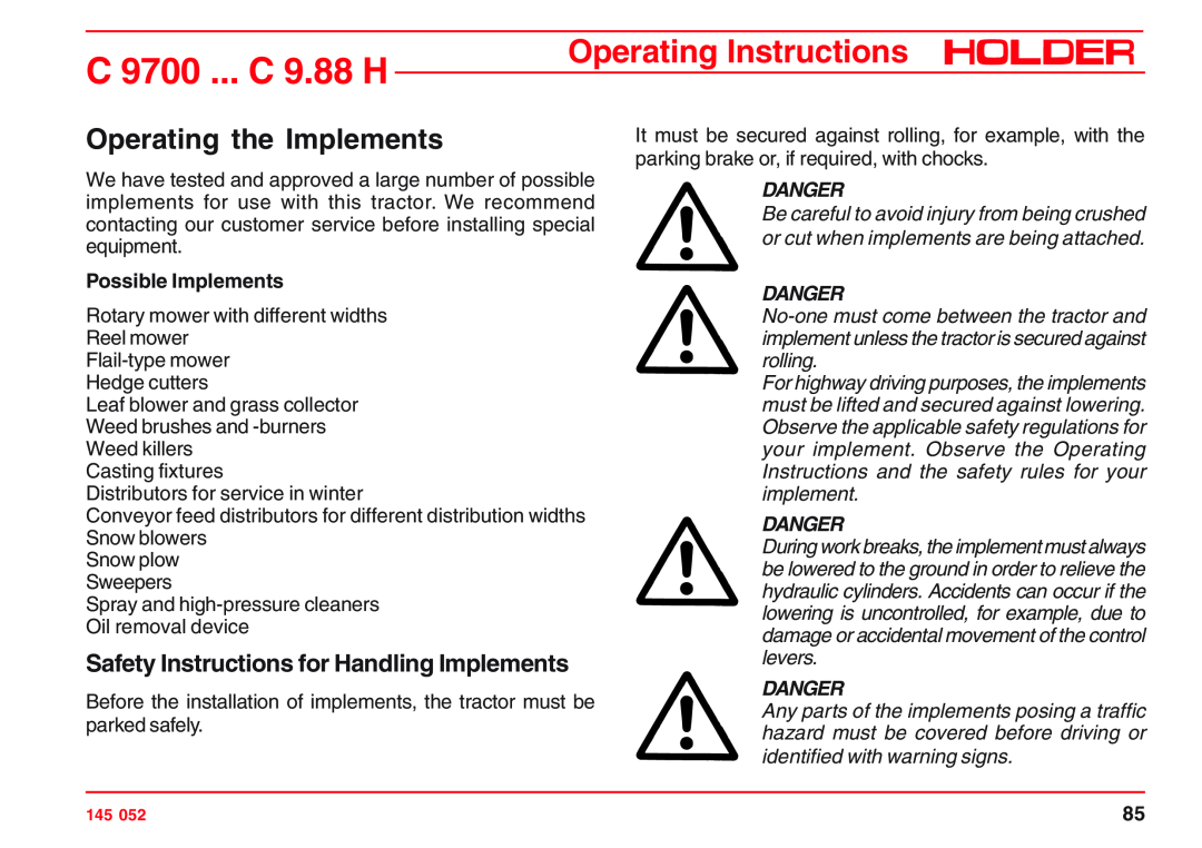 Holder A6 VM 55 EP Operating the Implements, Safety Instructions for Handling Implements, Possible Implements, Danger 