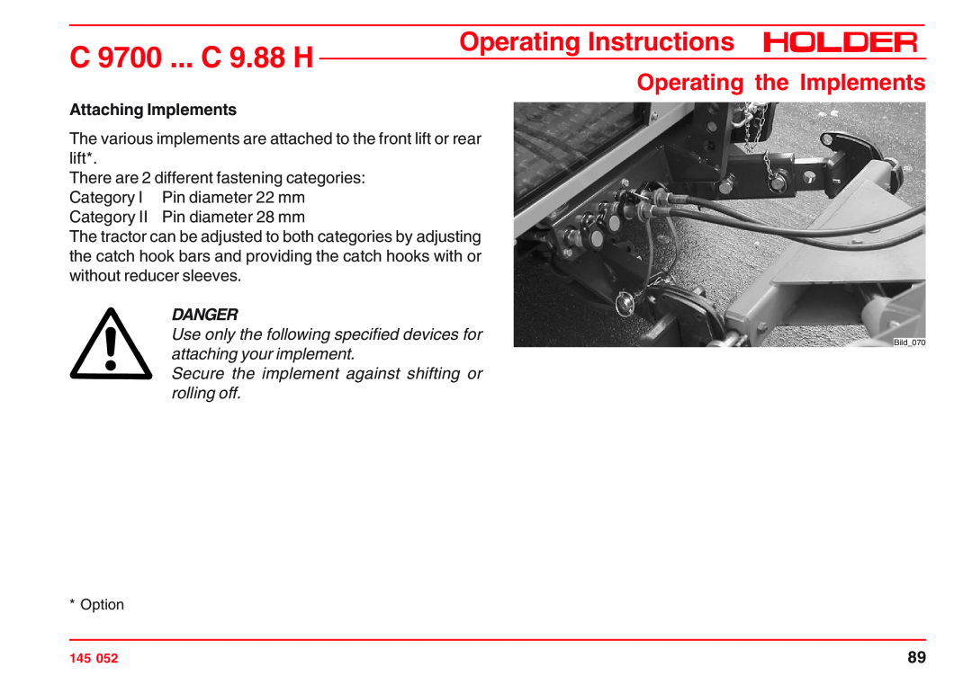 Holder C 9.72 H Attaching Implements, Use only the following specified devices for attaching your implement, Danger 