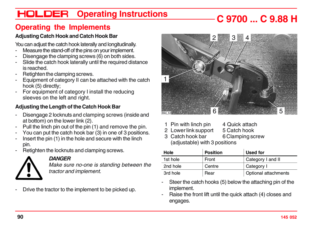 Holder C 9.83 H Adjusting Catch Hook and Catch Hook Bar, Adjusting the Length of the Catch Hook Bar, C 9700 ... C 9.88 H 