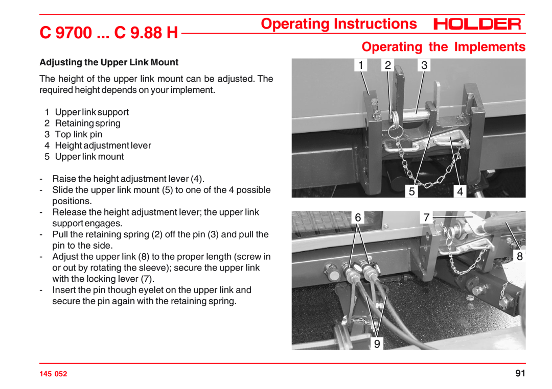 Holder C 9800 H Adjusting the Upper Link Mount, C 9700 ... C 9.88 H, Operating Instructions, Operating the Implements 