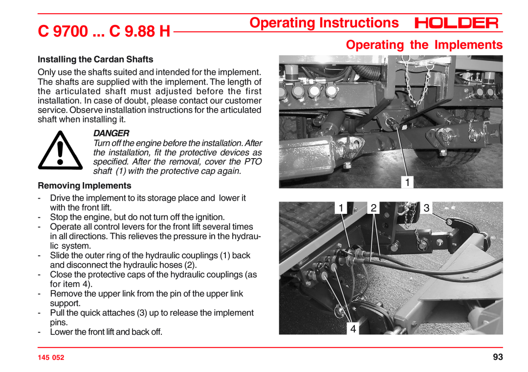 Holder C 9.72 Installing the Cardan Shafts, Removing Implements, C 9700 ... C 9.88 H, Operating Instructions, Danger 
