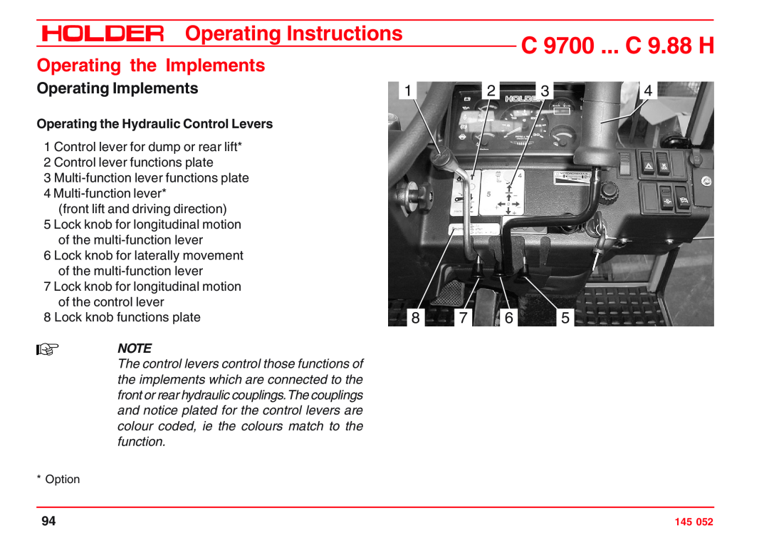 Holder C 9700 H Operating Implements, Operating the Hydraulic Control Levers, C 9700 ... C 9.88 H, Operating Instructions 