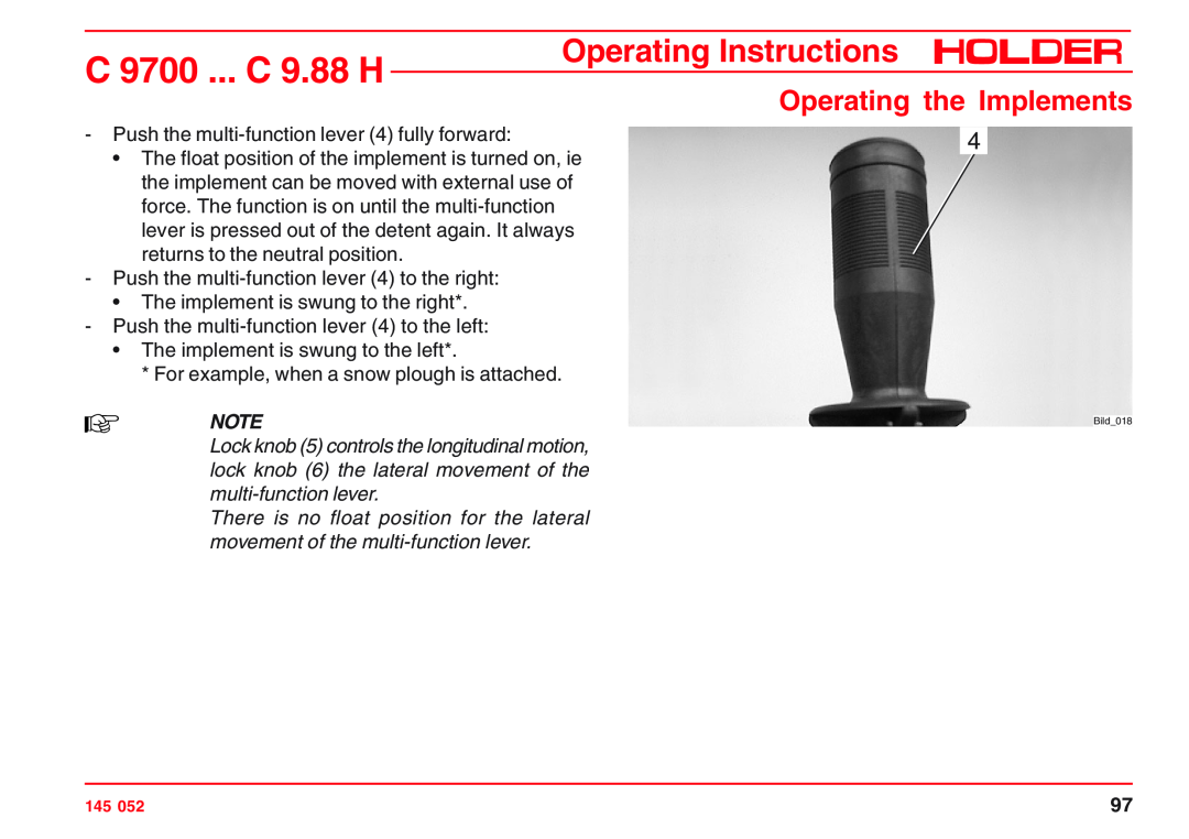Holder A4 VG 40 EP, VG 50 EP, C 9.72 H, C 9.83 H C 9700 ... C 9.88 H, Operating Instructions, Operating the Implements 