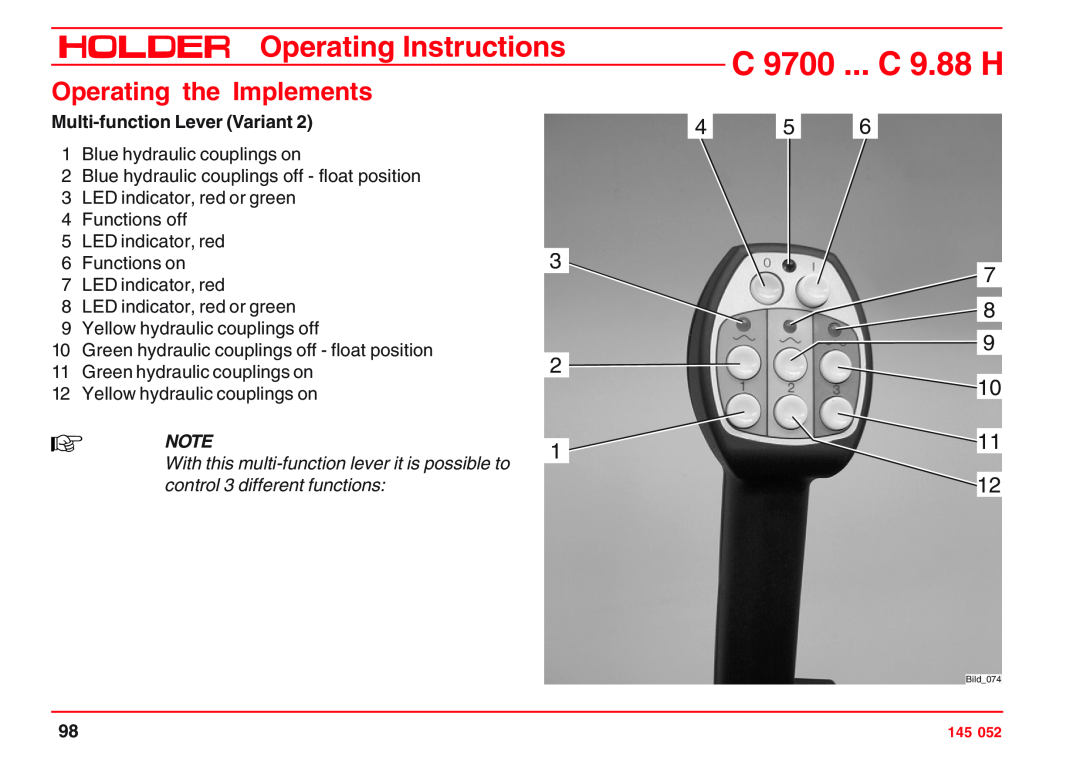 Holder VG 50 EP C 9700 ... C 9.88 H, Operating Instructions, Operating the Implements, Multi-function Lever Variant 