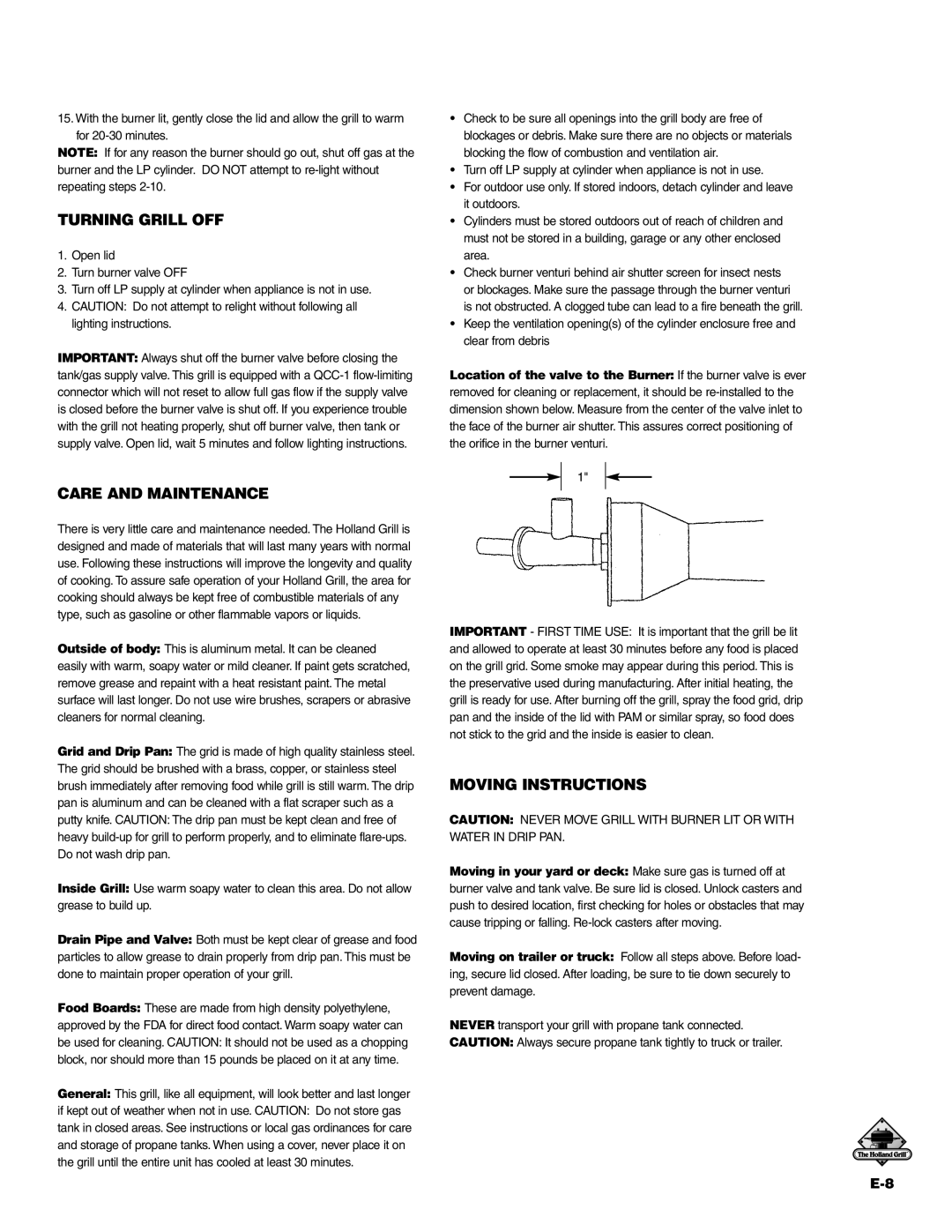 Holland BH421-AG4 manual Turning Grill OFF, Care and Maintenance, Moving Instructions 