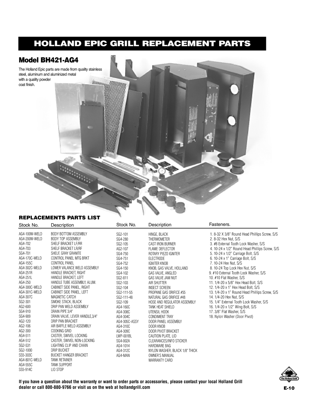Holland BH421-AG4 manual Replacements Parts List 