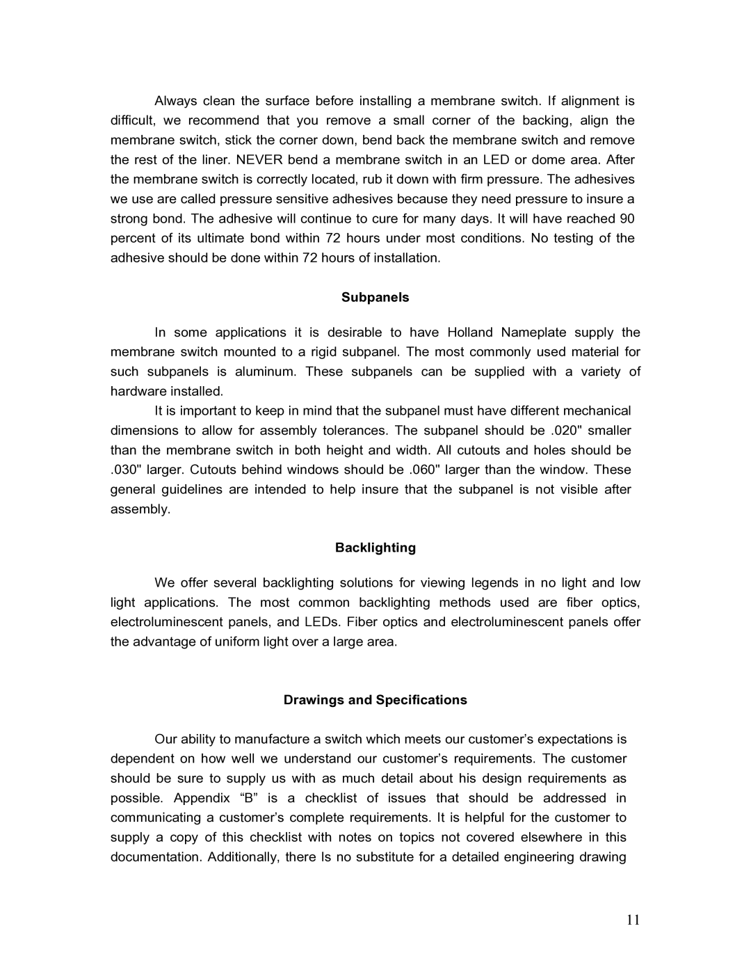 Holland Membrane manual Subpanels, Backlighting, Drawings and Specifications 