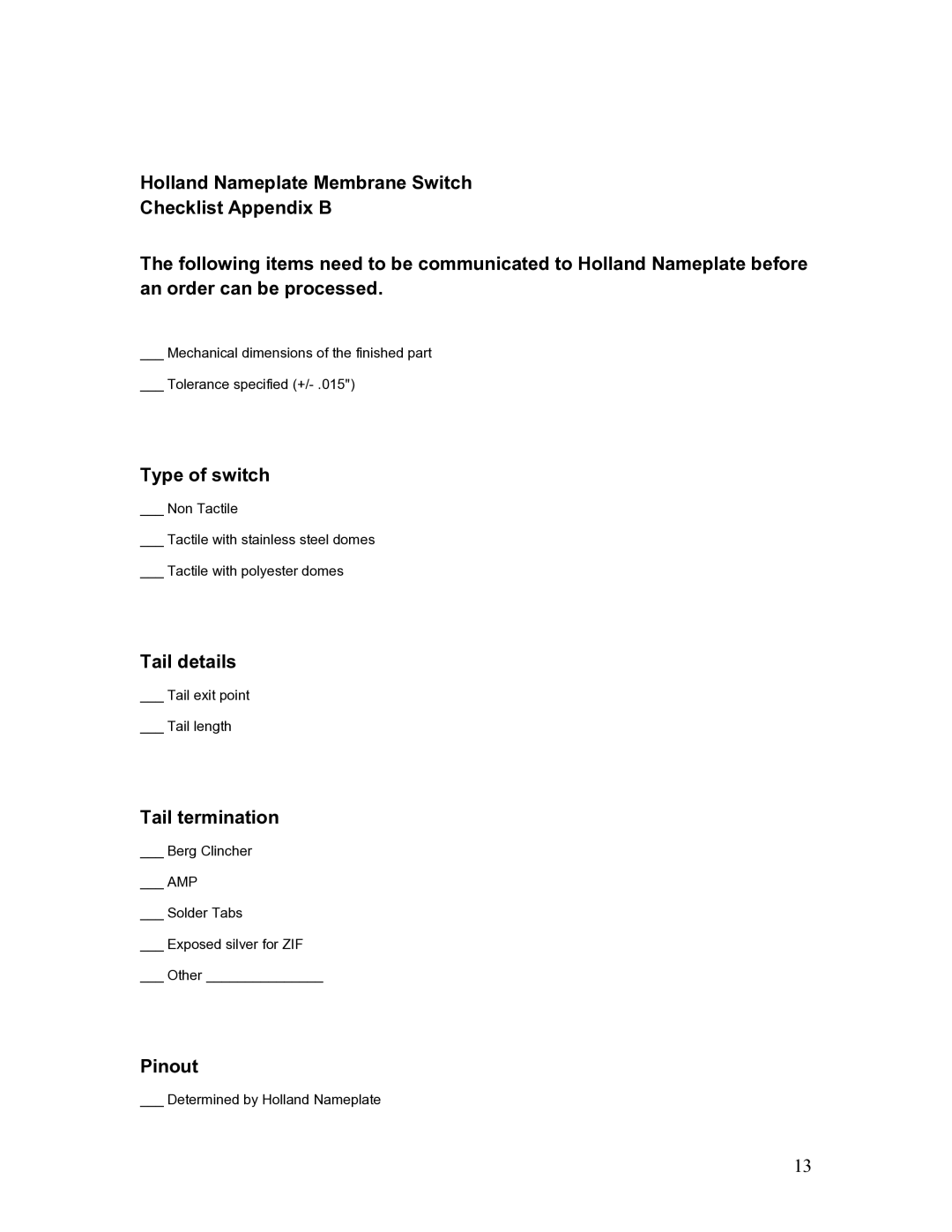 Holland Membrane manual Type of switch, Tail details, Tail termination, Pinout 