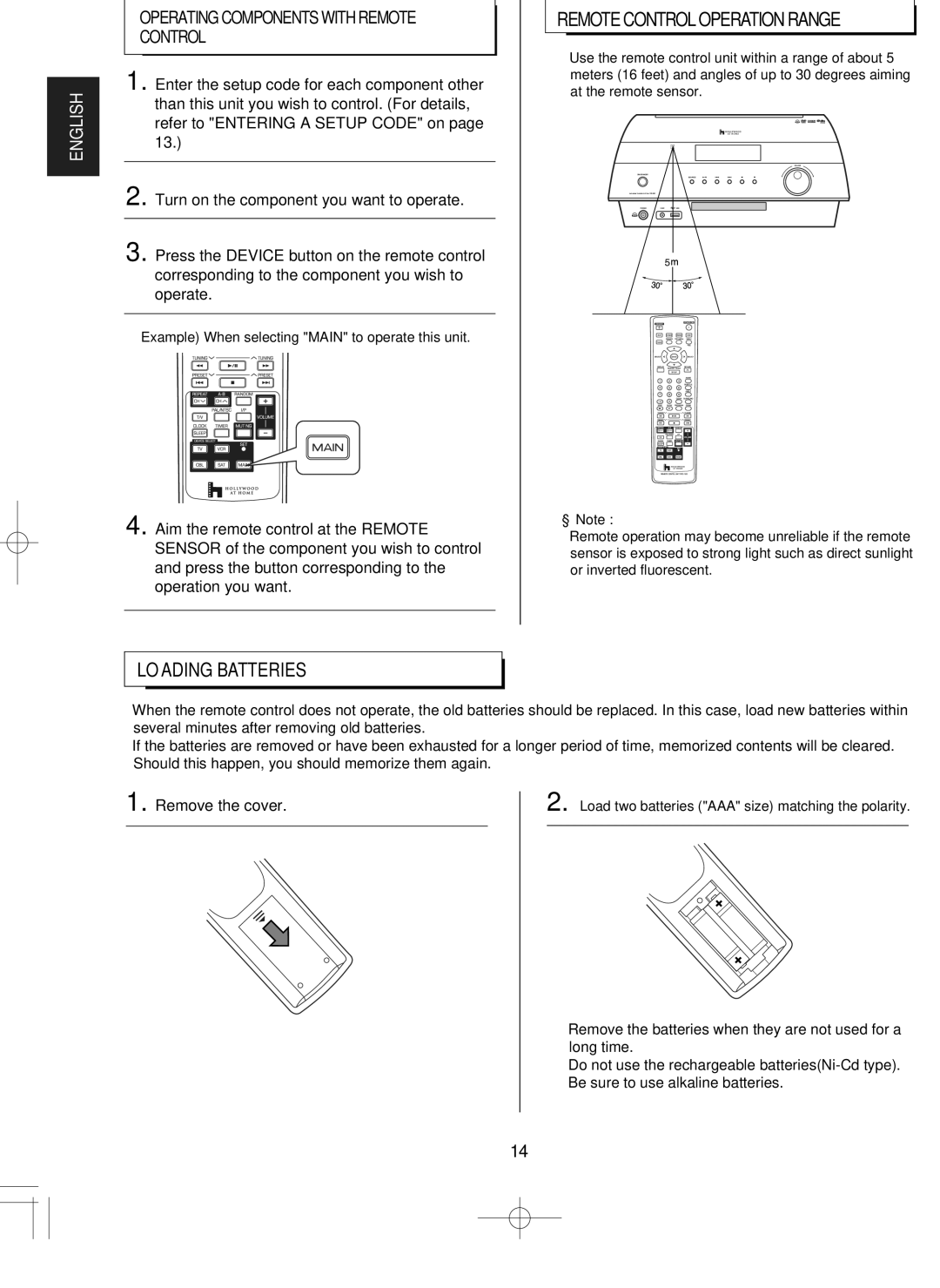 Hollywood VR-652 manual Loading Batteries Remote Control Operation Range, Remove the cover 