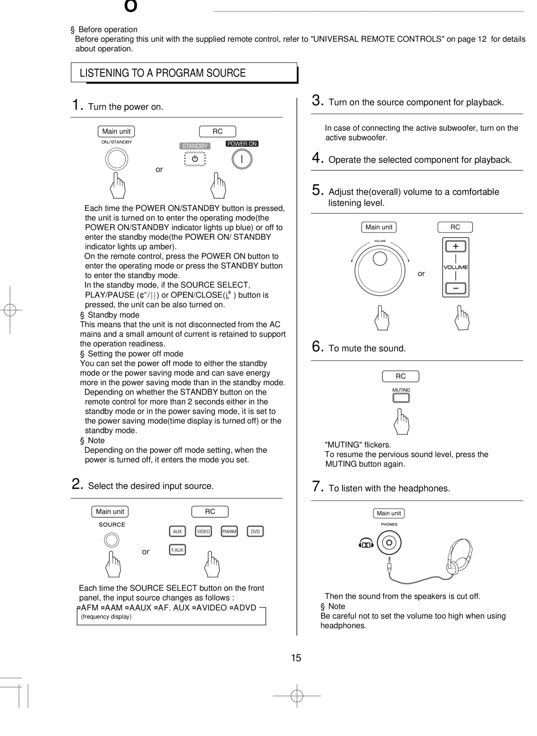 Hollywood VR-652 manual Basic Operation, Listening to a Program Source, Turn the power on, To listen with the headphones 