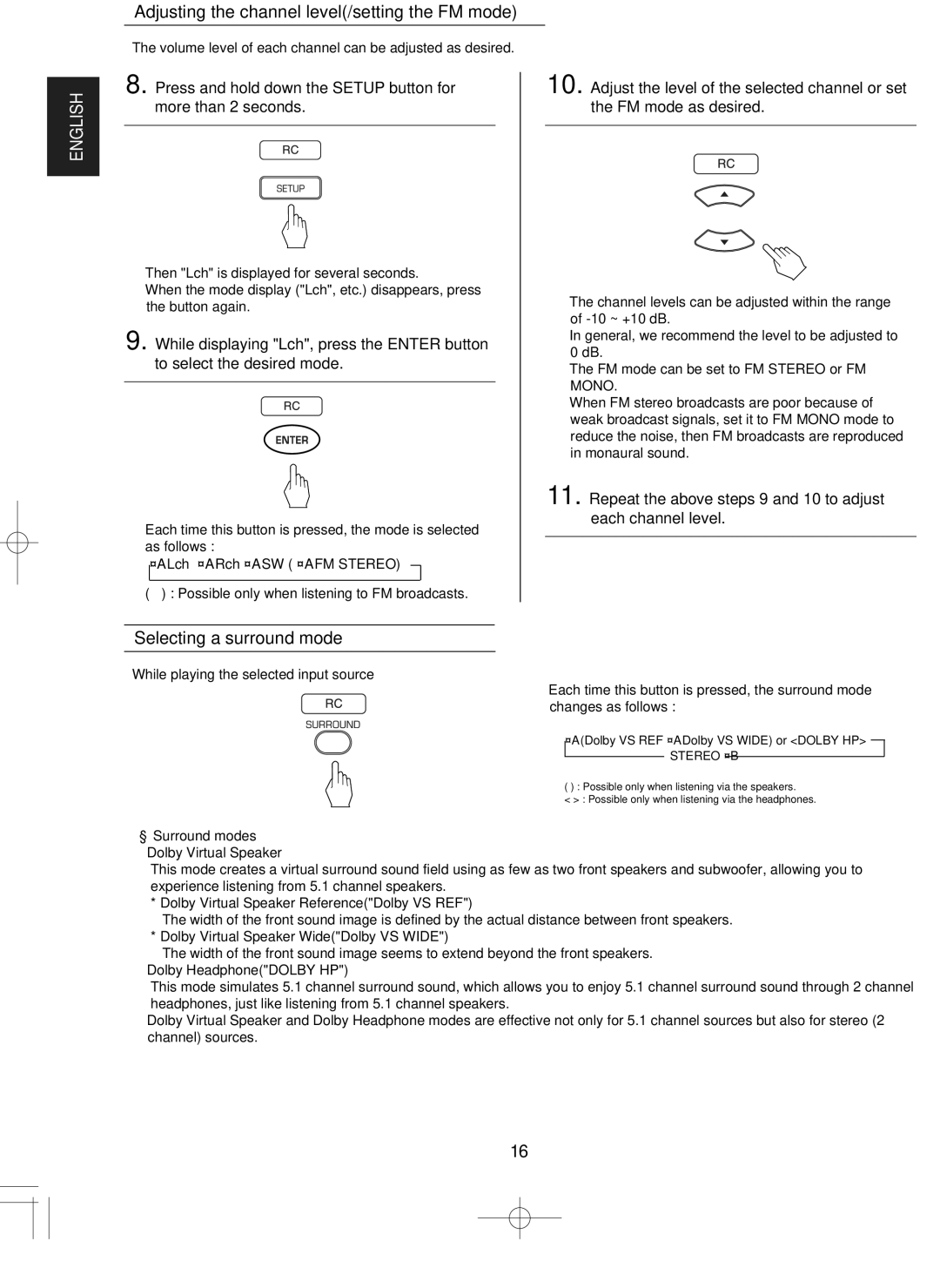 Hollywood VR-652 manual Adjusting the channel level/setting the FM mode, Selecting a surround mode, Surround modes 