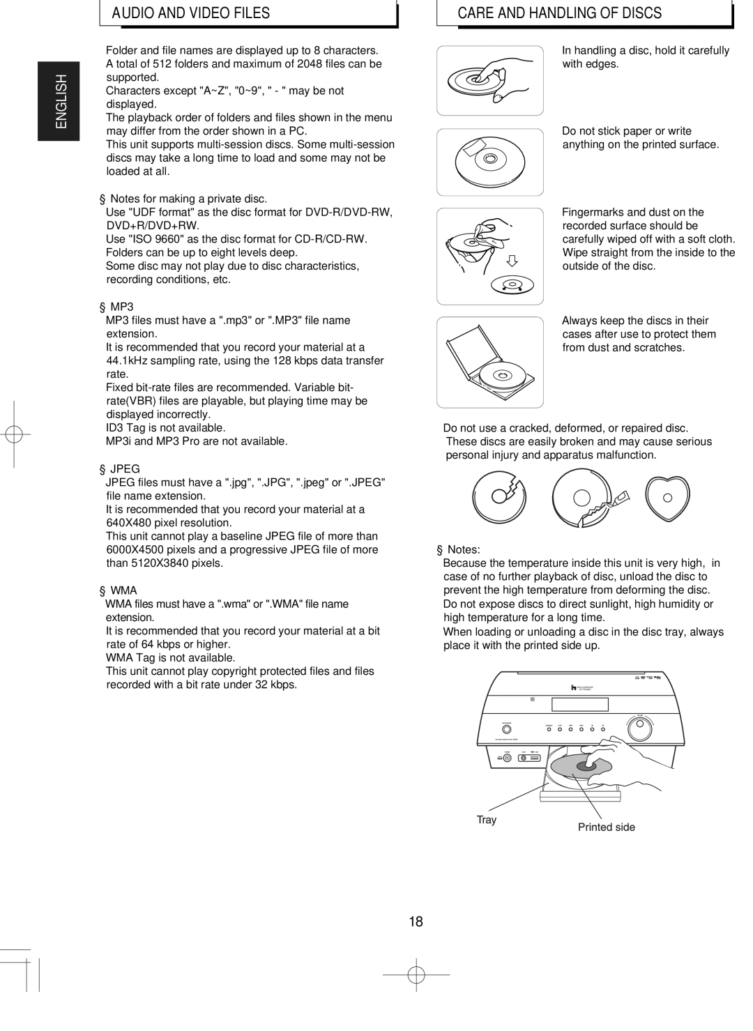 Hollywood VR-652 manual Audio and Video Files, Care and Handling of Discs, MP3 