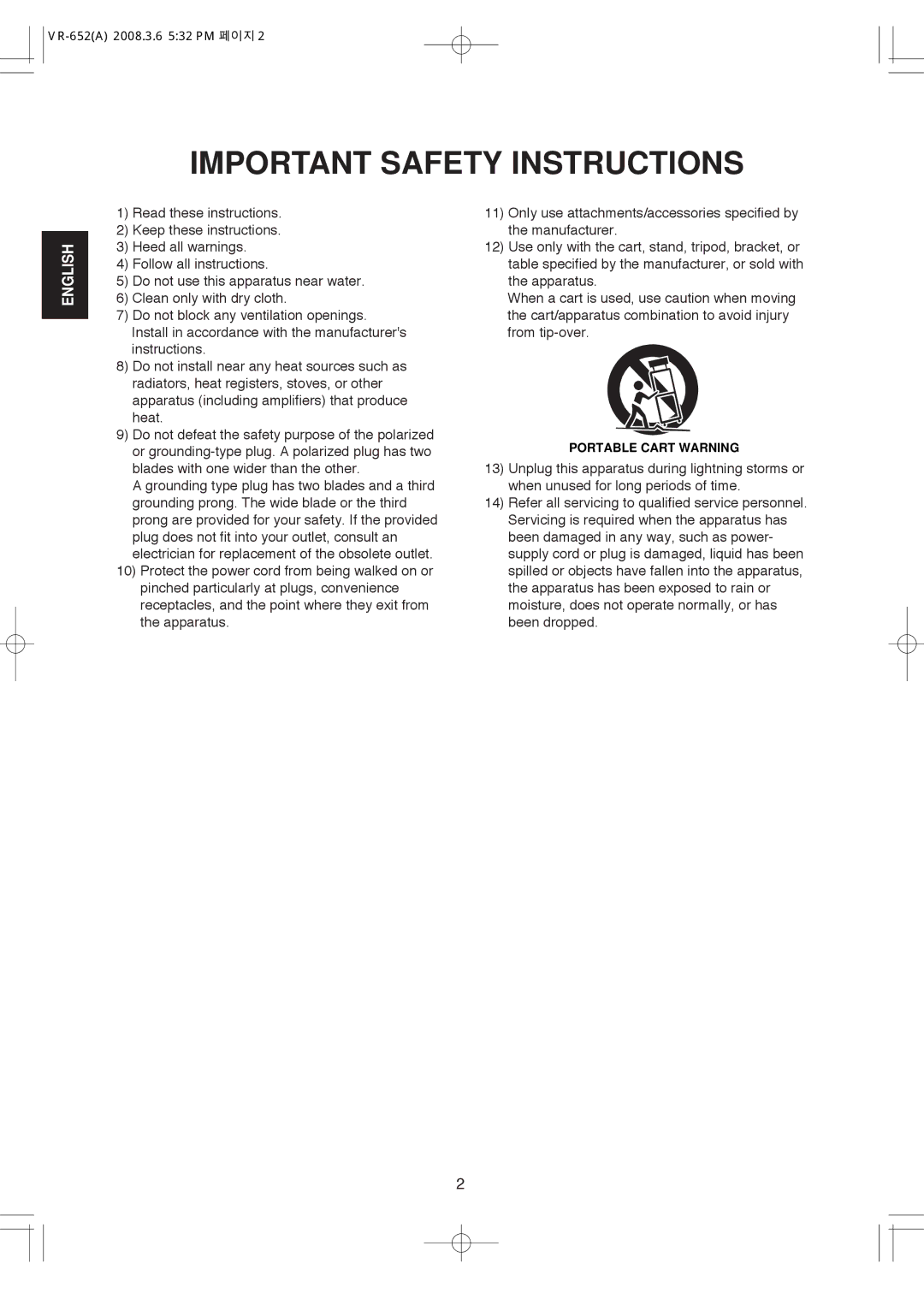 Hollywood VR-652 manual Important Safety Instructions 