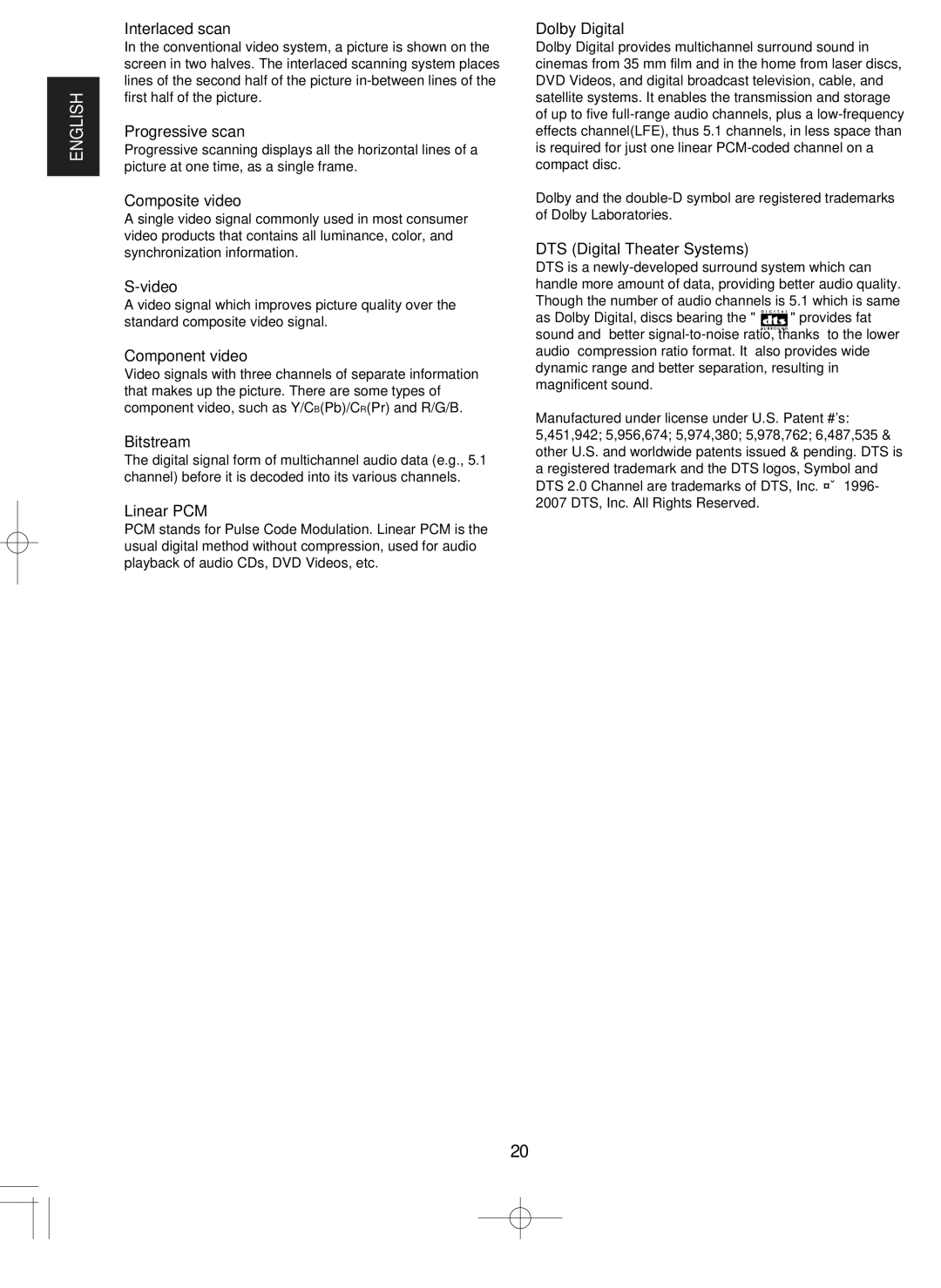 Hollywood VR-652 manual Interlaced scan, Progressive scan, Composite video, Video, Component video, Bitstream, Linear PCM 