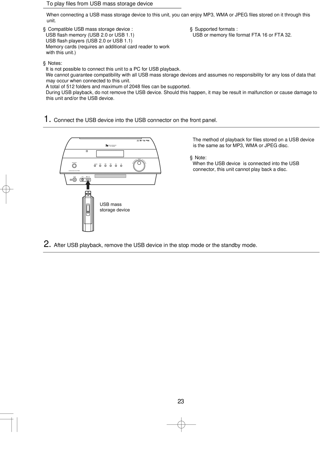 Hollywood VR-652 manual To play files from USB mass storage device 