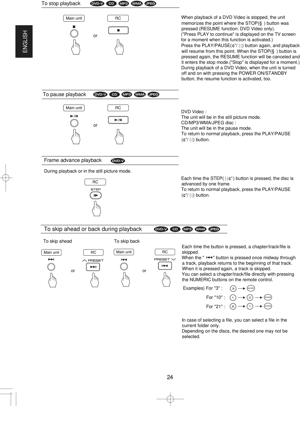 Hollywood VR-652 manual To skip ahead or back during playback, To stop playback To pause playback Frame advance playback 