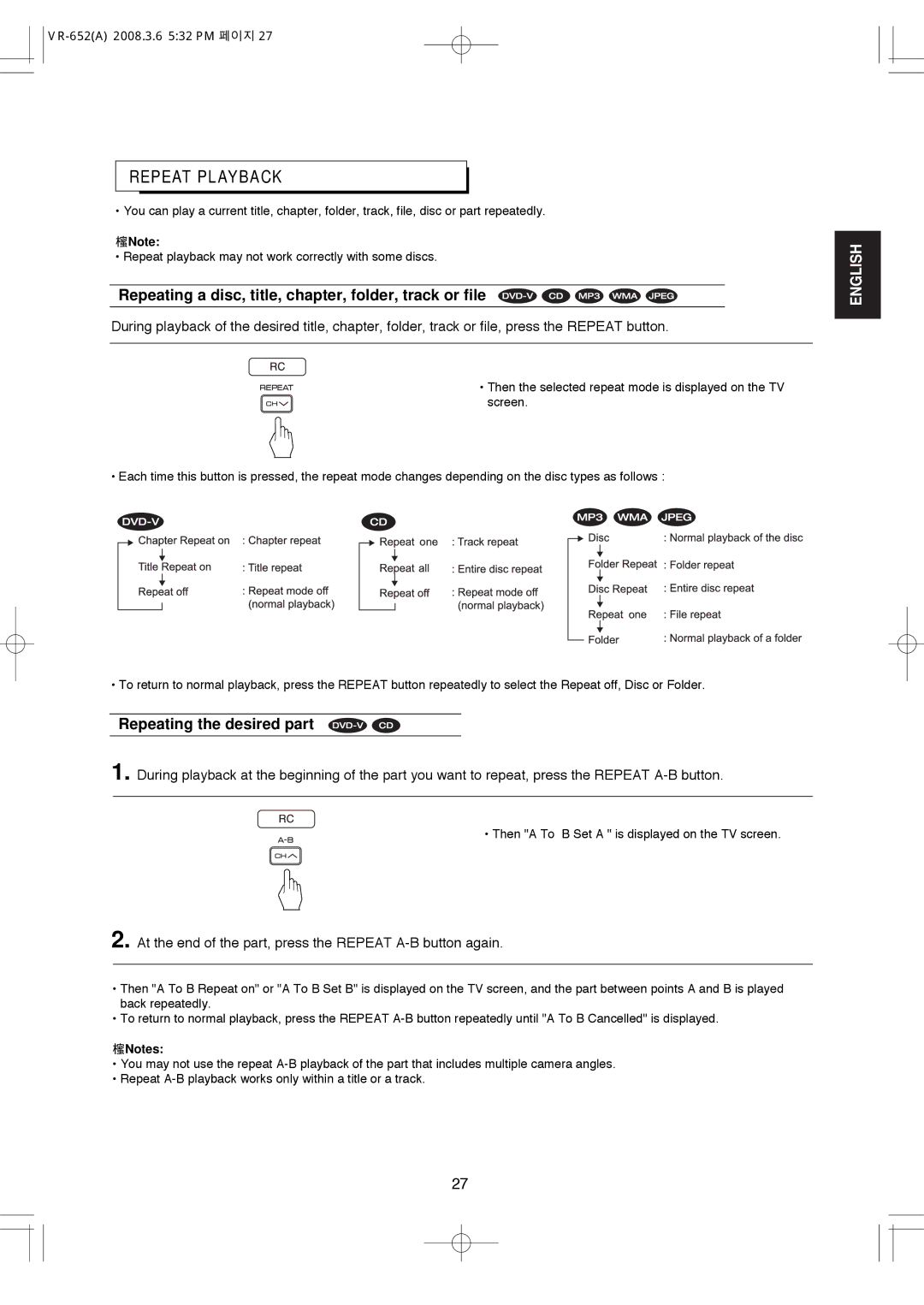 Hollywood VR-652 Repeat Playback, Repeating a disc, title, chapter, folder, track or file, Repeating the desired part 