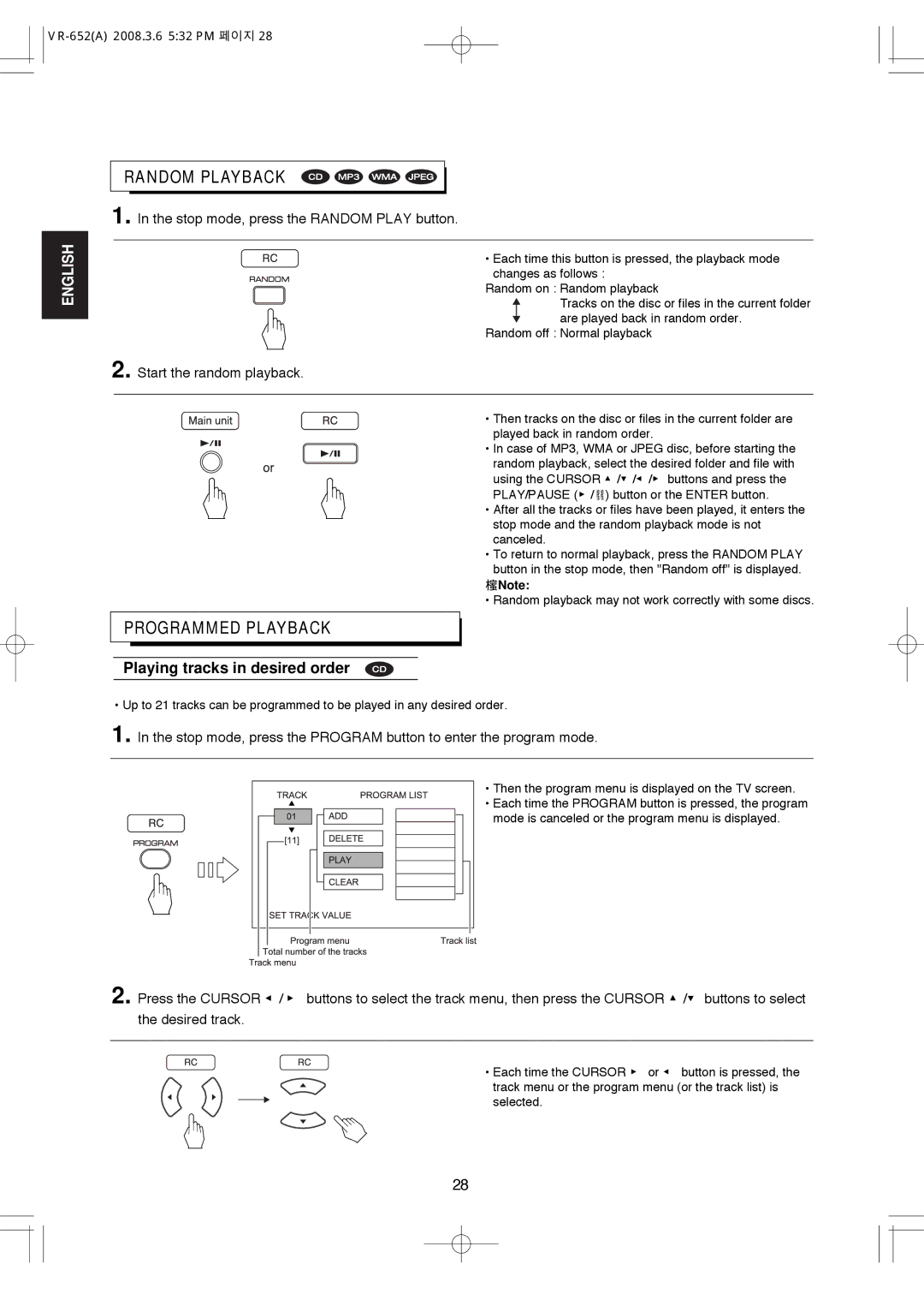 Hollywood VR-652 manual Random Playback, Programmed Playback, Playing tracks in desired order, Start the random playback 