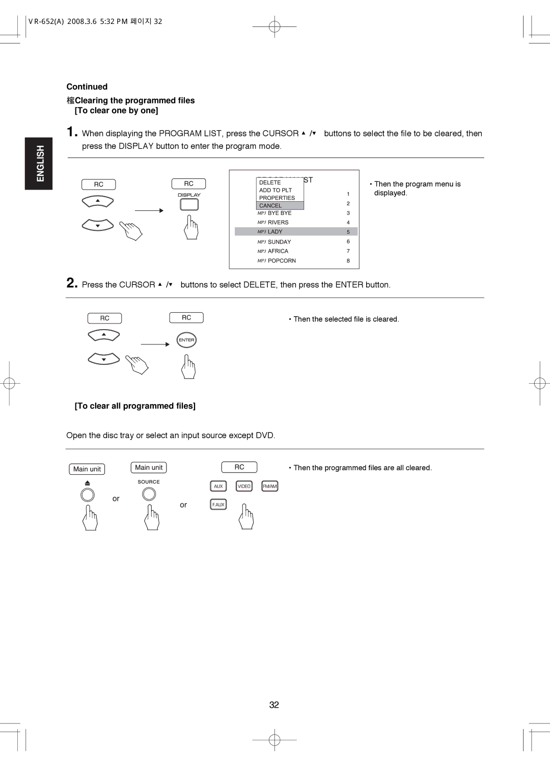 Hollywood VR-652 manual Clearing the programmed files To clear one by one, To clear all programmed files 