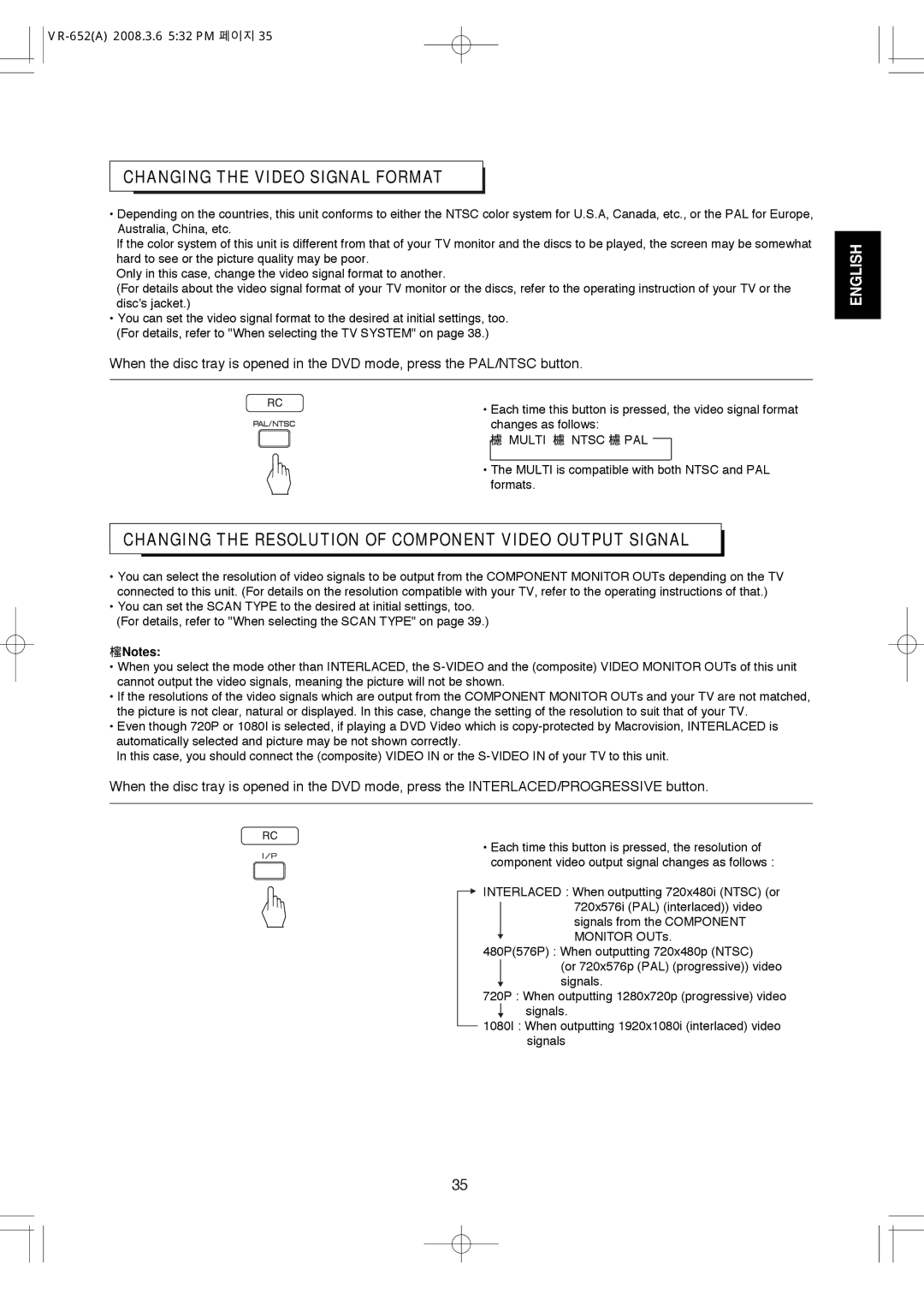 Hollywood VR-652 manual Changing the Video Signal Format, Changing the Resolution of Component Video Output Signal 