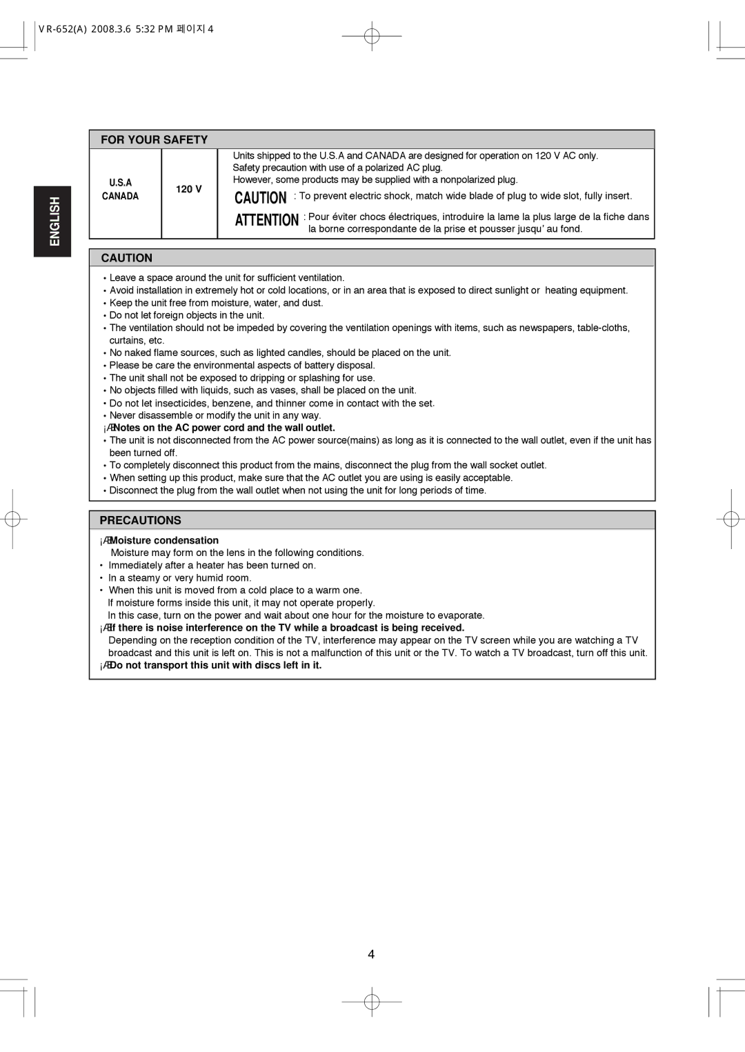 Hollywood VR-652 manual For Your Safety, Precautions, 120, Moisture condensation 