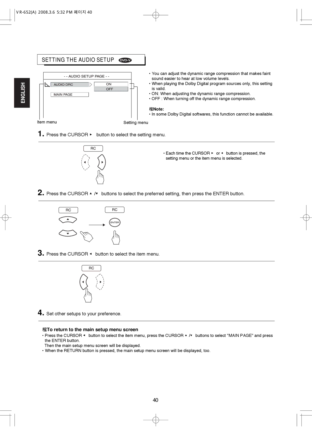 Hollywood VR-652 manual Setting the Audio Setup 