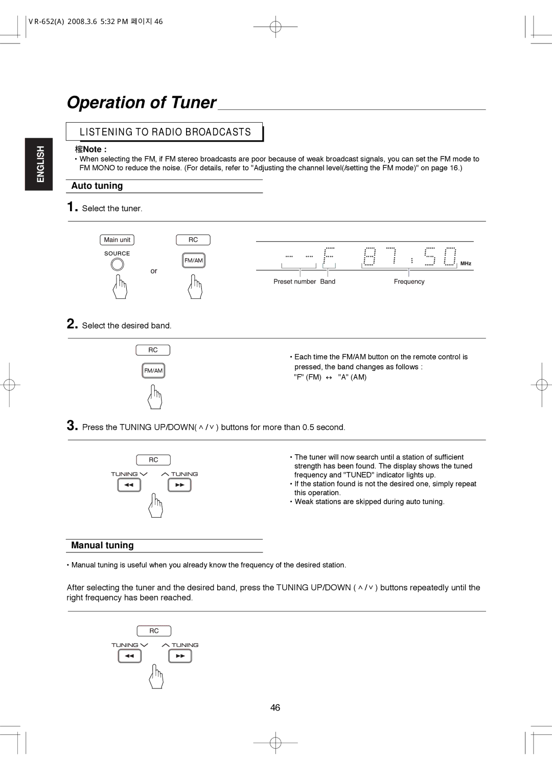 Hollywood VR-652 manual Operation of Tuner, Listening to Radio Broadcasts, Auto tuning, Manual tuning 