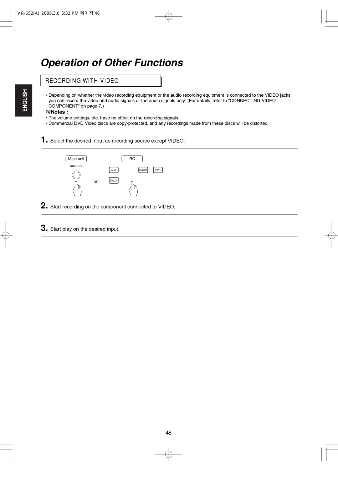 Hollywood VR-652 manual Operation of Other Functions, Recording with Video 