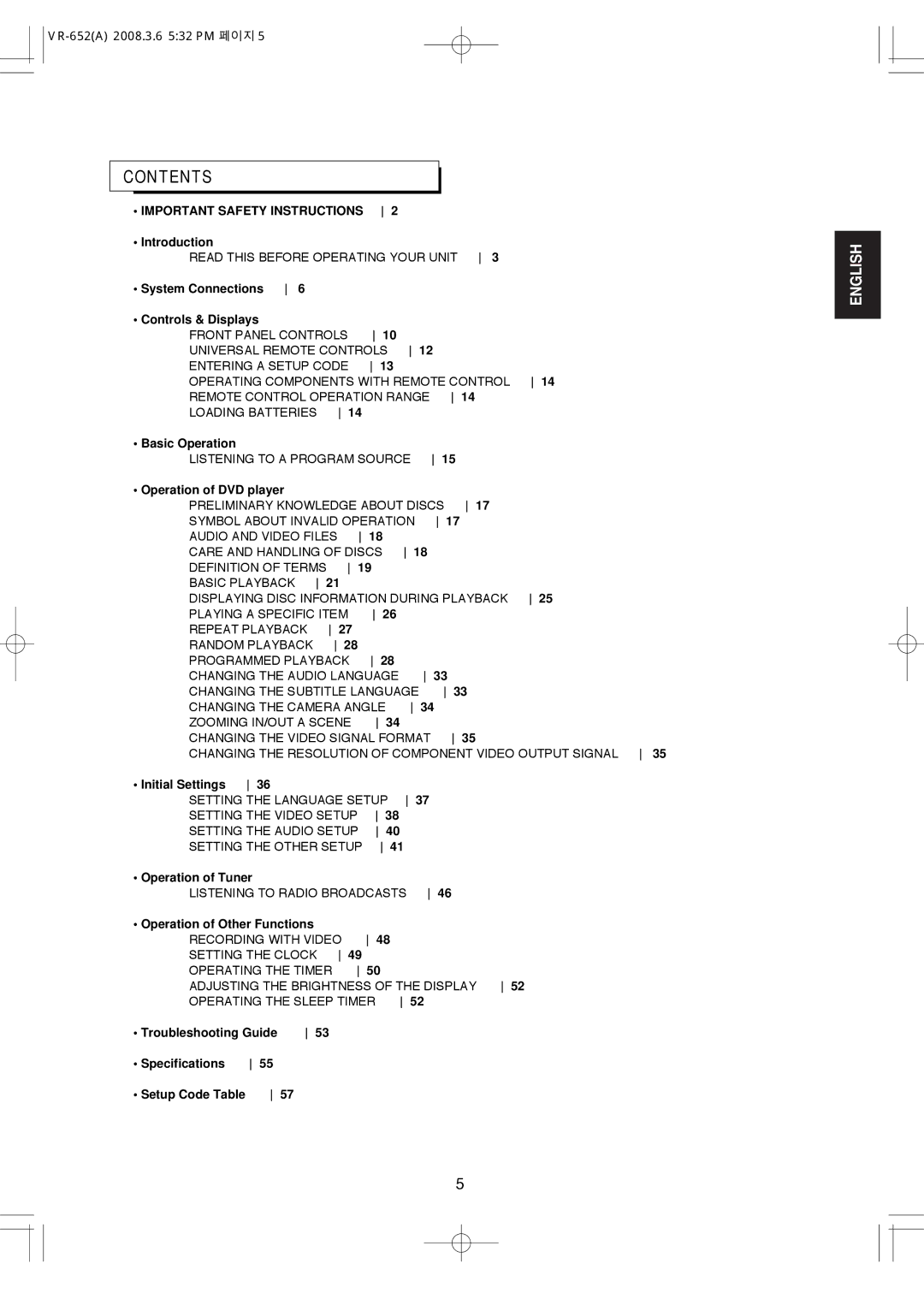 Hollywood VR-652 manual Contents 