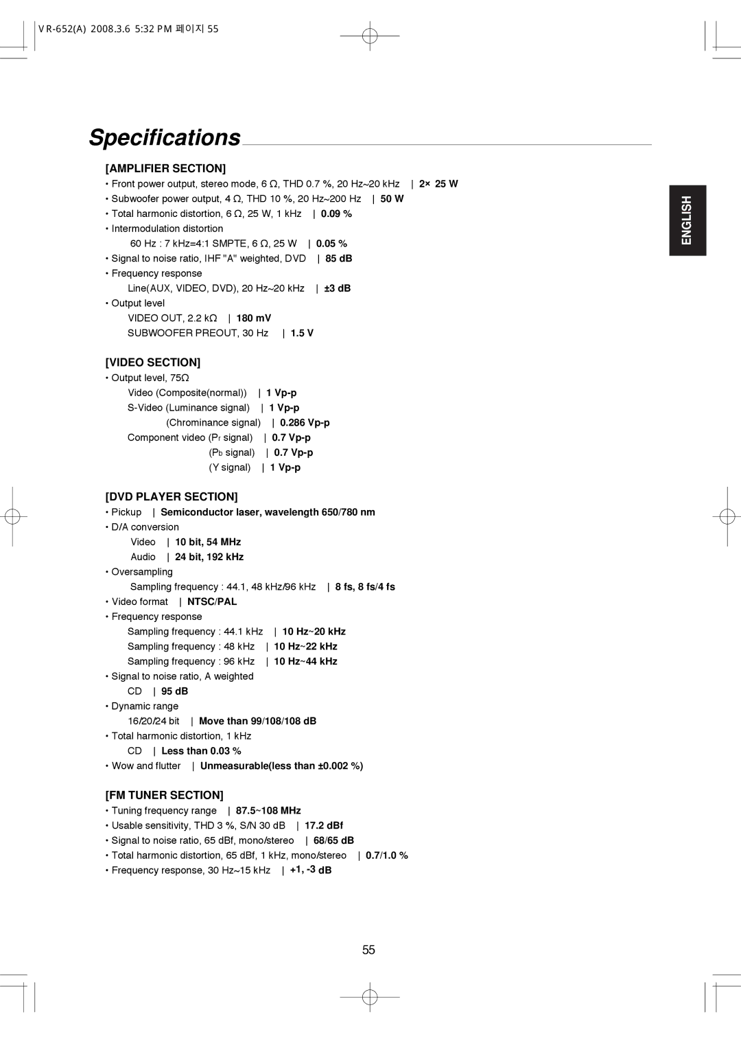 Hollywood VR-652 manual Specifications, Amplifier Section, Video Section, FM Tuner Section 