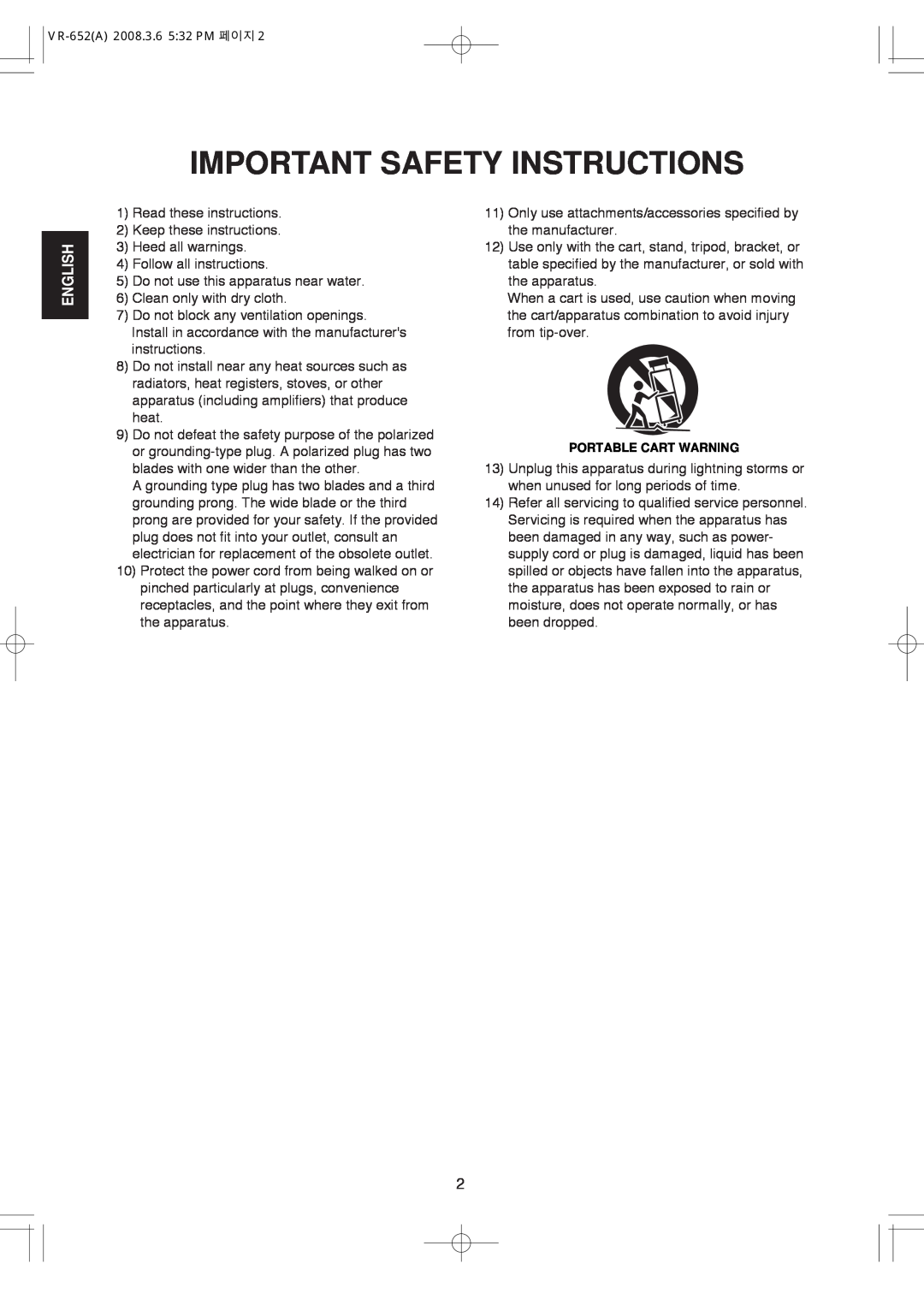Hollywood VR-652 manual English, Important Safety Instructions 