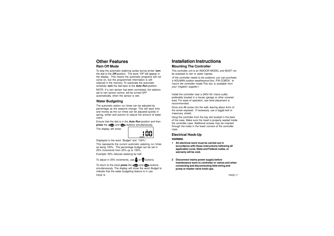 Holman N10372 Installation Instructions, Rain Off Mode, Water Budgeting, Mounting The Controller, Electrical Hook-Up 