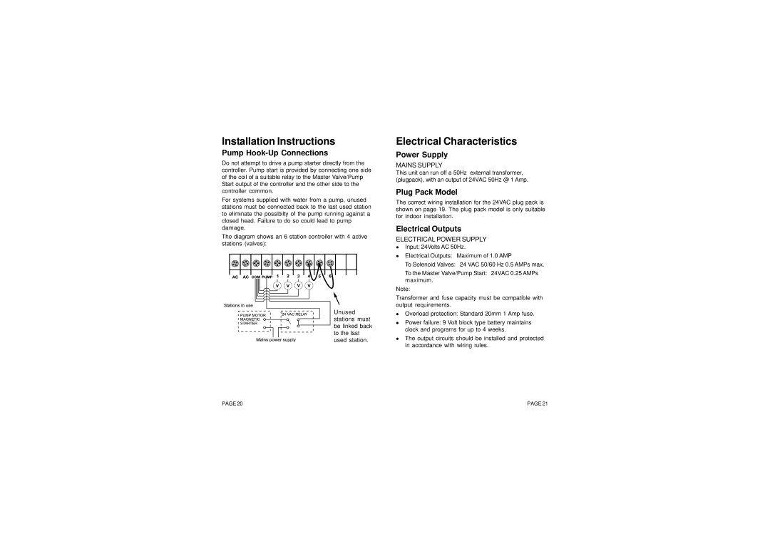 Holman N10372 Electrical Characteristics, Pump Hook-Up Connections, Power Supply, Plug Pack Model, Electrical Outputs 