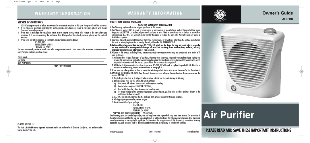 Holmes AOR118 warranty Service Instructions, Jcs/Thg, Llc, Store Name Location Date Purchased Staple Receipt Here 