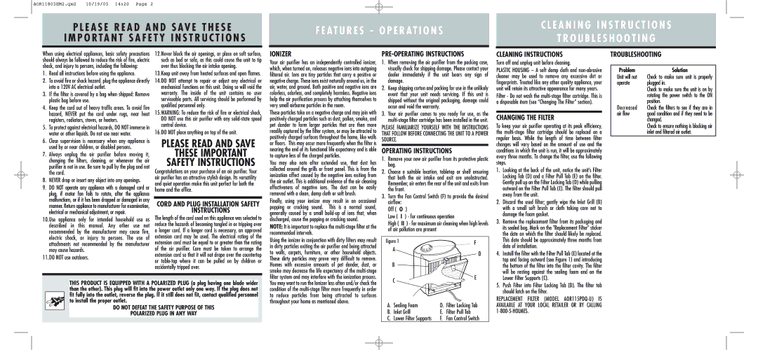 Holmes AOR118 Ionizer, PRE-OPERATING Instructions, Operating Instructions, Cleaning Instructions, Changing the Filter 