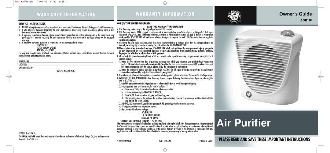 Holmes AOR118 warranty Wa R R A N T Y I N F O R M At I O N, Owner’s Guide, Service Instructions, Air Purifier 
