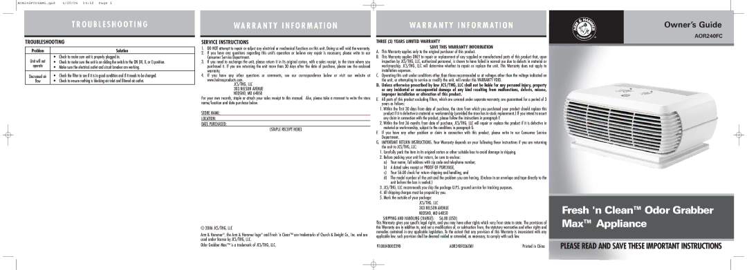 Holmes AOR240FC warranty Troubleshooting, Service Instructions 