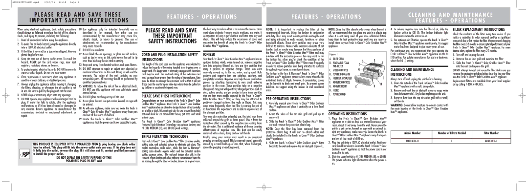 Holmes AOR240FC warranty Ionizer, PRE-OPERATING Instructions, Operating Instructions, Cleaning and Maintenance Instructions 