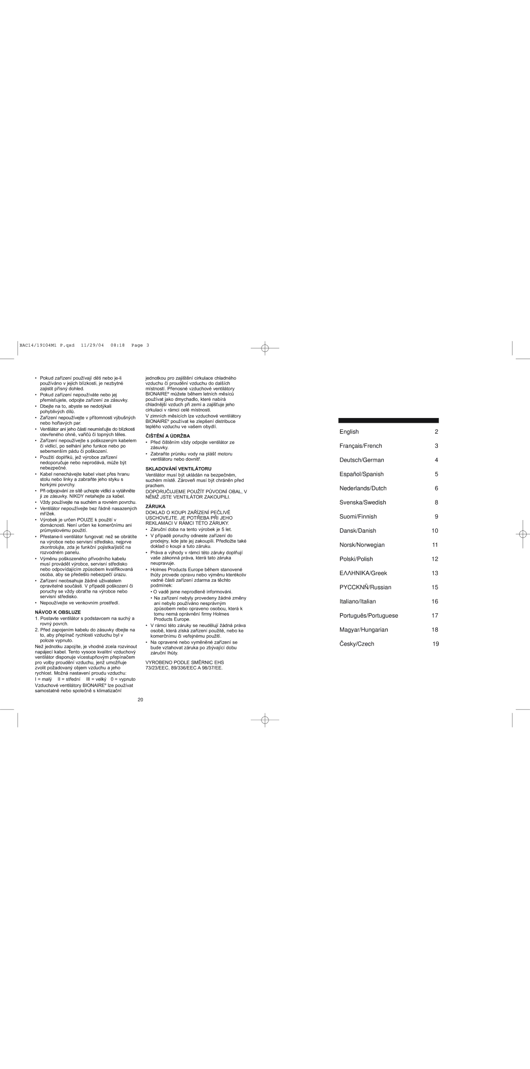 Holmes BAC14, BAC19 instruction manual Návod K Obsluze, Čištění a Údržba, Skladování Ventilátoru, Záruka 