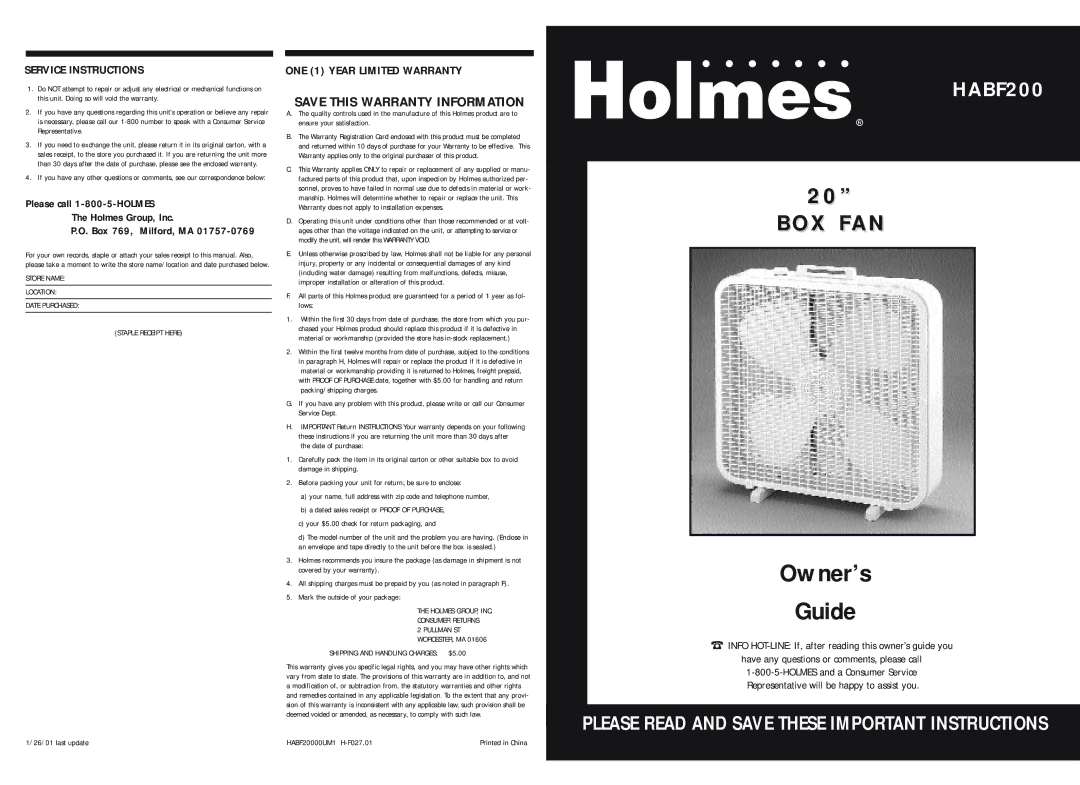 Holmes HABF200 warranty Service Instructions, ONE 1 Year Limited Warranty, Mark the outside of your package 