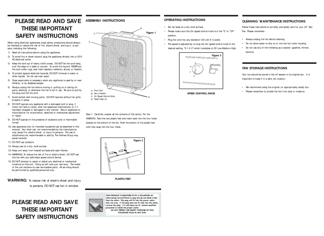 Holmes HABF200 Assembly Instructions, Operating Instructions, CLEANING/MAINTENANCE Instructions, FAN Storage Instructions 