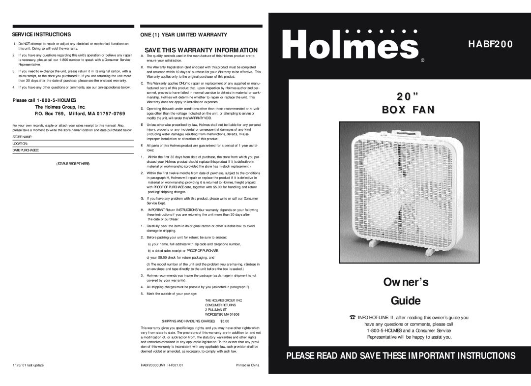 Holmes warranty Owner’s Guide, 2200”” BOXOX FFANAN, HHABF200, Please Read And Save These Important Instructions 