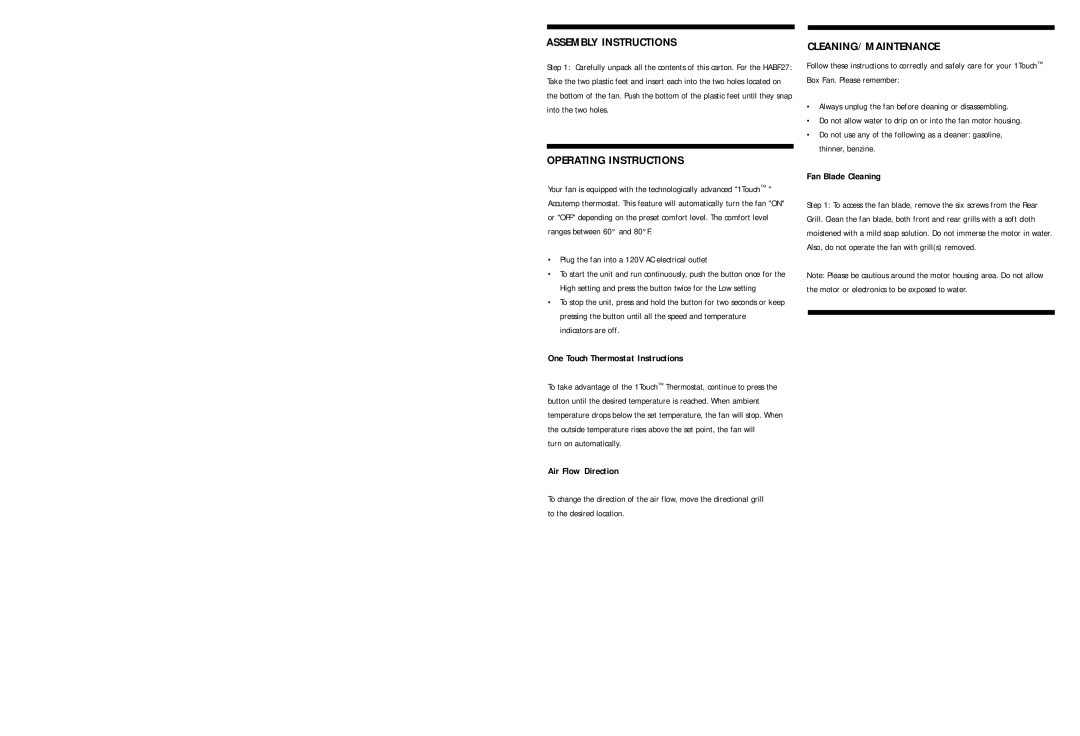 Holmes HABF27 warranty Assembly Instructions, Operating Instructions, Cleaning/Maintenance, Turn on automatically 