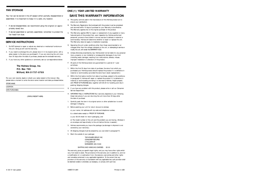 Holmes HABF27 warranty FAN Storage, Service Instructions, ONE 1 Year Limited Warranty Save this Warranty Information 