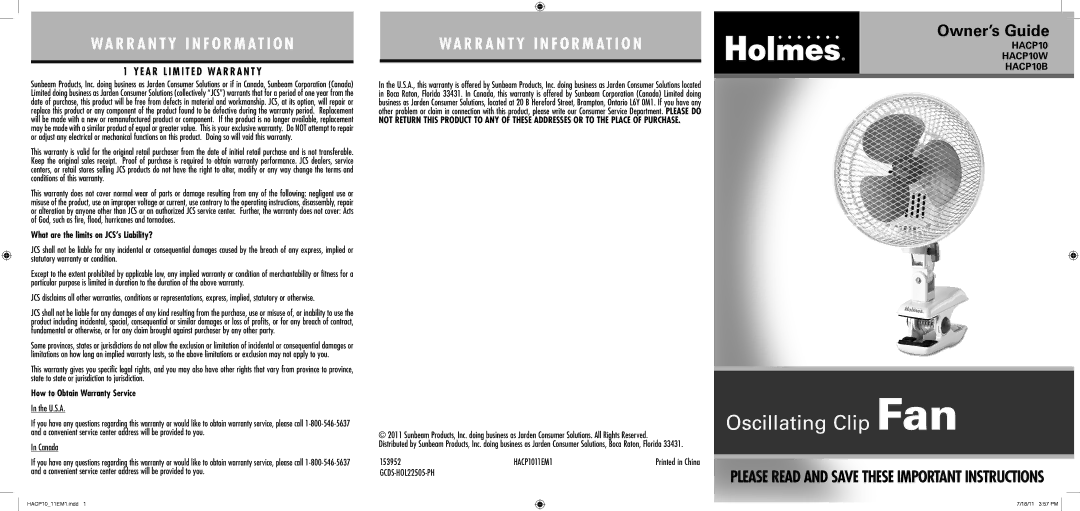 Holmes HACP10 warranty What are the limits on JCS’s Liability?, How to Obtain Warranty Service, U.S.A, Canada, 153952 