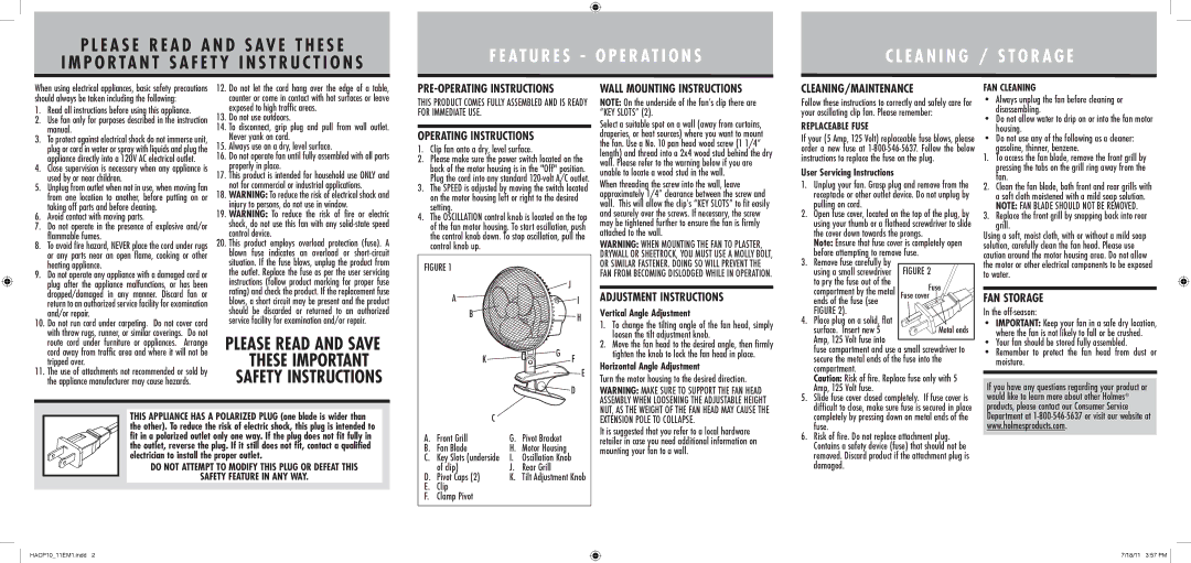 Holmes HACP10W Vertical Angle Adjustment, Horizontal Angle Adjustment, Replaceable Fuse, User Servicing Instructions 