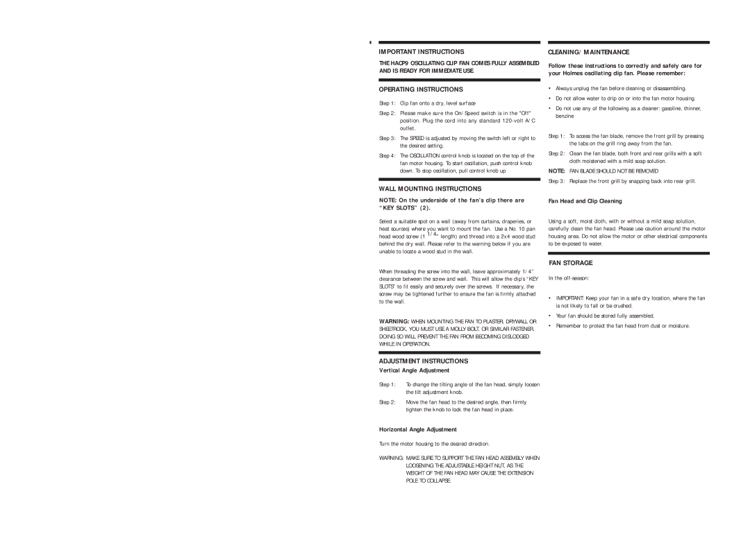 Holmes HACP9 warranty Important Instructions, Operating Instructions, Wall Mounting Instructions, Adjustment Instructions 