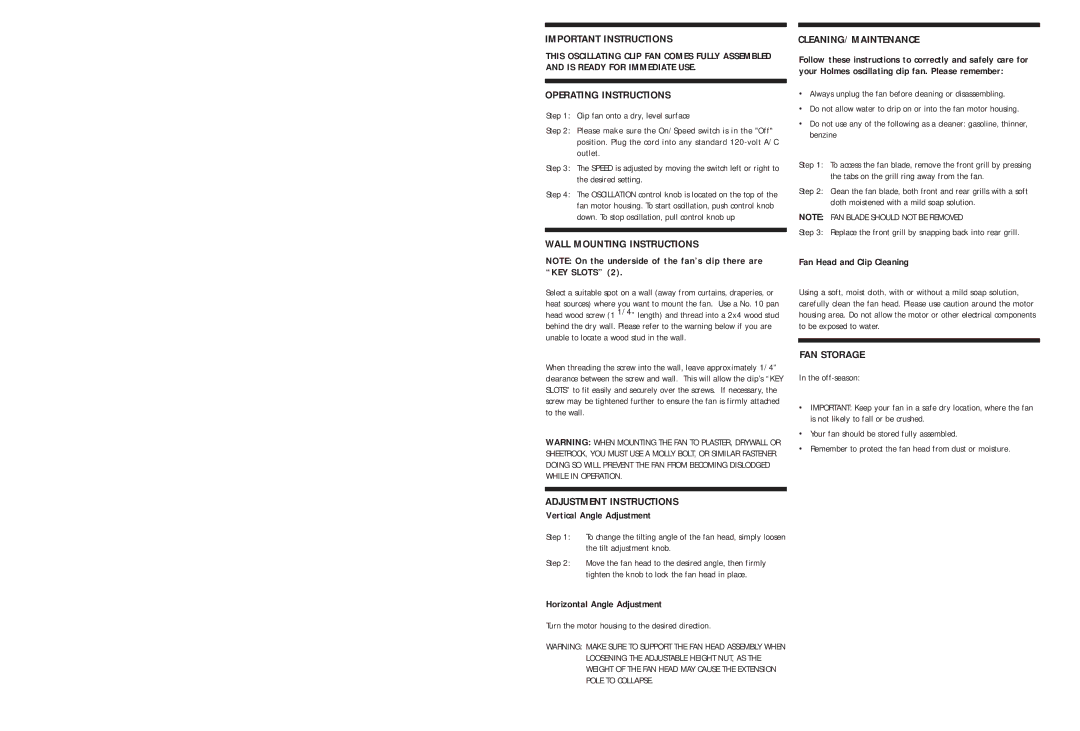 Holmes HACP9TG warranty Important Instructions, Operating Instructions, Wall Mounting Instructions, Adjustment Instructions 