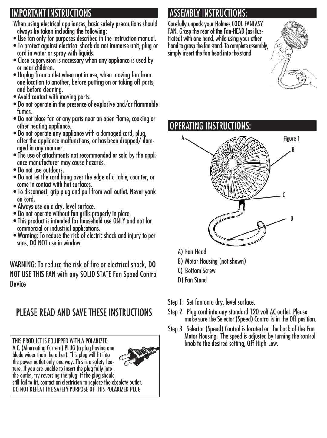 Holmes HANF-75 manual Important Instructions, Assembly Instructions, Operating Instructions 